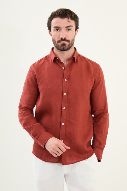 Plain Slim Fit Long Sleeve 100% Linen Men's Shirt Tile - 27079.25Y