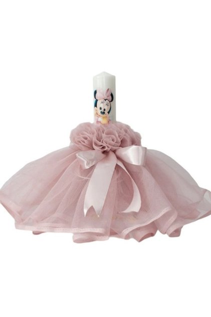 Λαμπάδα Βάπτισης για Κορίτσια, Τούλι, Minnie Mouse, 30x5εκ., Ροζ Πούδρας