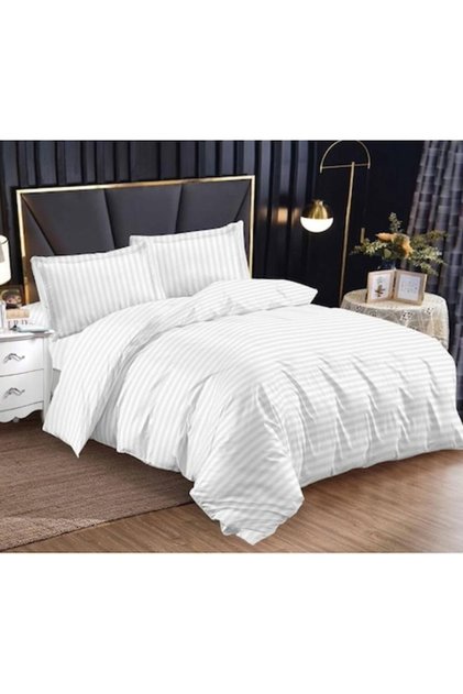 Set de lenjerie de pat dublă, cearșaf elastic, damasc, 4 piese, uni, 180x200cm, alb