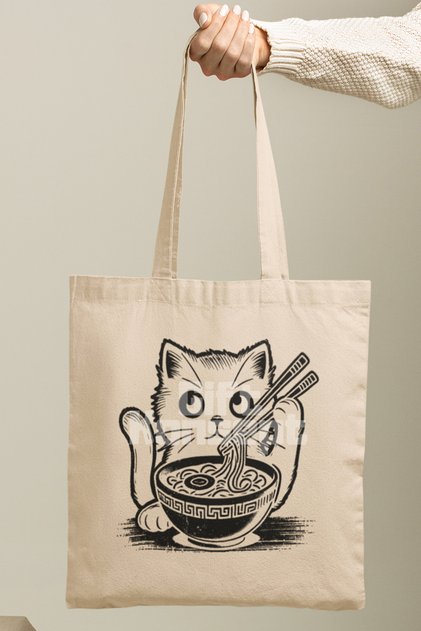Ramen Black Drawing Cat Printed Japanese Anime Manga Art Printed Gift Organic Raw Cloth Bag