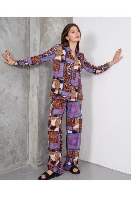 Women's Yellow Blue Ethnic Patterned Bottom Top Shirt Pants Viscose Suit