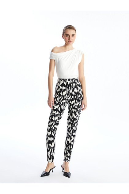 Lcwaikiki Classic Black Elastic Waist Patterned Women's Trousers