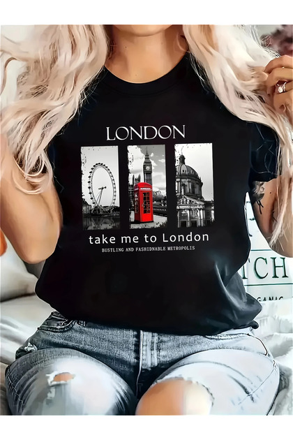 Unisex Cotton Black Oversize "London City" Printed Crew Neck Comfortable T-Shirt