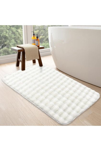 Peluş Bubble Krem Renk Oda Banyo Halısı Kaymaz Tabanlı Makinede Yıkanabilir Paspas