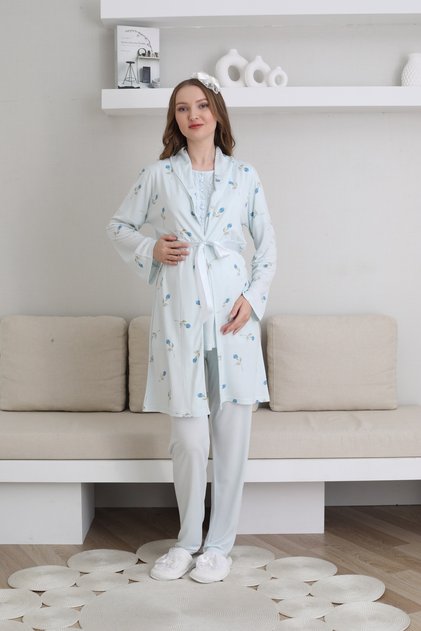 Flower Patterned Maternity-Pregnant Pajama Set with Dressing Gown, Short Sleeves, Set of 3