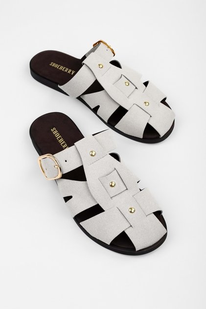 Women's Sole Gray Suede Trok Detailed Belted Slippers