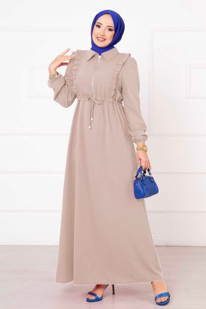 Half Zipper Ruffle Detailed Hijab Dress Stone
