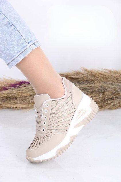 Güzay Women's Beige 7 cm Hidden Heeled Sneakers with Side Stripes