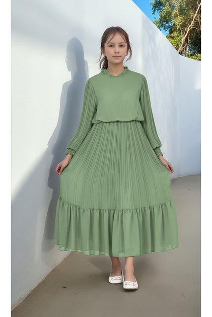 Girl's Long Pleated Cotton Chiffon Hijab Dress