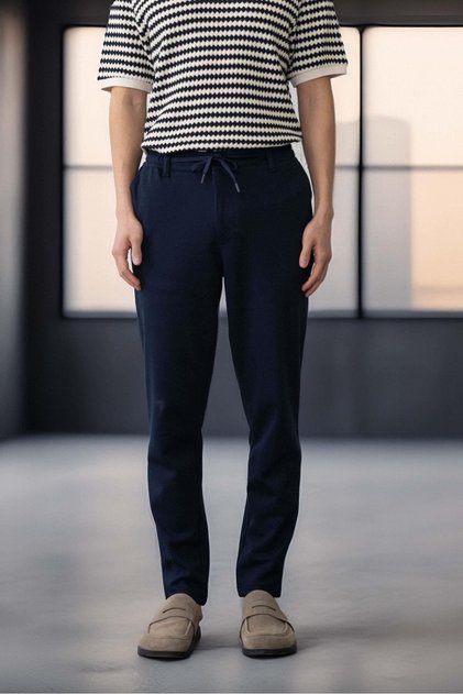 Akira Knitted Pique Fabric Men's Trousers with Elastic Waist and Zipper - Navy Blue