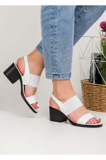 Sandale Albe Cu Toc Si Bareta Elastica Piele Naturala AK0165