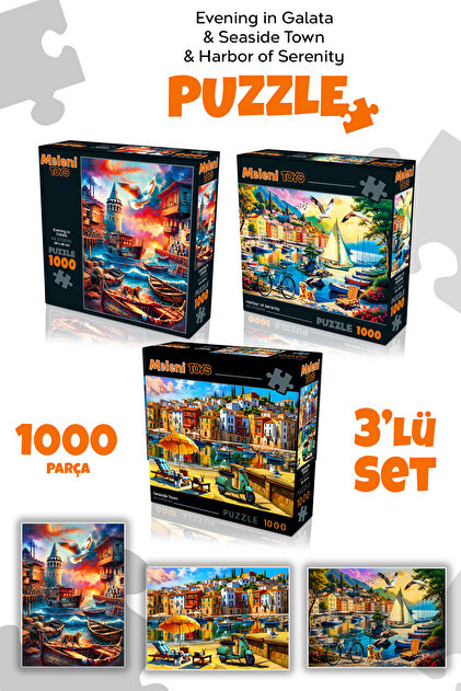 Meleni Toys 3 Adet 1000 Parça Puzzle - Limanda Sakinlik, Sahil
