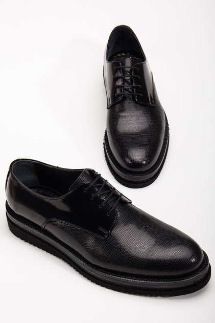 Genuine Leather Men's Classic Shoes Black Patent Leather Thick Sole Tied Flat