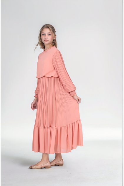 Young Girls Long Length Pleated Chiffon Cotton Hijab Dress