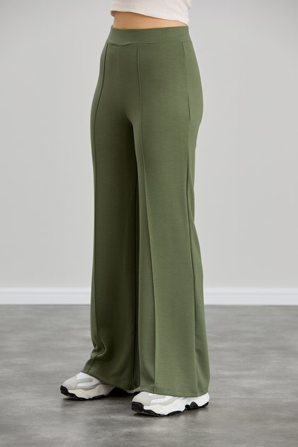 Women's Khaki Modal Wide Leg Striped High Waist Elastic Waist Soft Textured Lycra Trousers