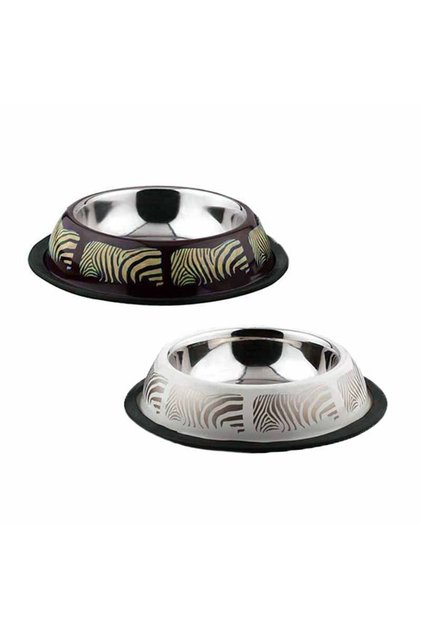 Bol pentru hrana animale cu suport gumat, model zebra, diametru 19 cm, Alb/Maro
