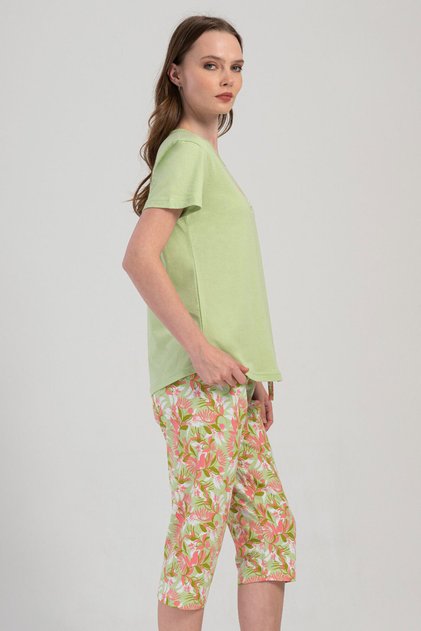 Pamuklu Kadın Kısa Kol Kaprili Pijama Takım