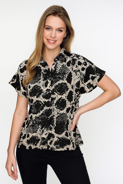 Women's Black White Crocodile Skin Patterned Viscose Bat Shirt