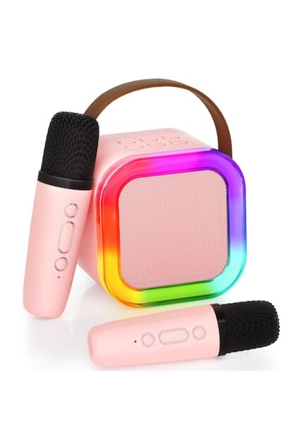 Microfon karaoke pentru copii, 2 microfoane wireless cu modulator de voce și LED, roz, pentru vârste de 3-12 ani