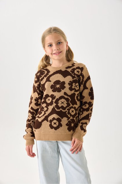 Flower Patterned Girl's Sweater Knitwear