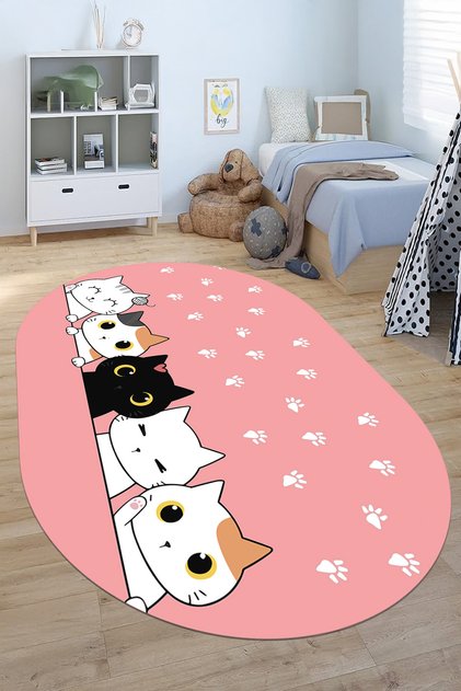 Baskılı Yıkanabilir ve Kaymaz Kedi ve Pati İzli Desenli Oval Çocuk Halısı, B,O,ÇOCUK,49,PEMBE