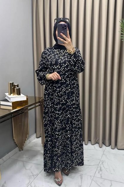 Nurcan Elbi̇se Viscose Fabric Women's Black Floral Patterned Hijab Dress with Elastic Sleeves