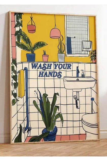 Natural Wood Framed Uv Printing Wash Your Hands Wall Art - Modern & Stylish Bathroom Wc Wall Decor
