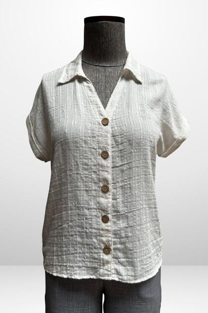 Women's Polo Neck Self Patterned Linen Shirt