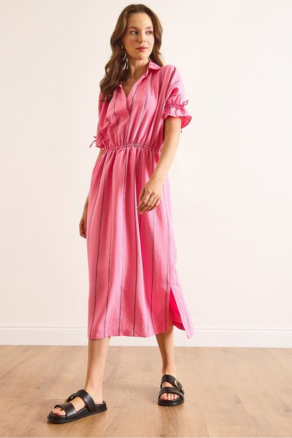 Women's Pink Polo Neck Elastic Waist Striped Lined Midi Flowy Dress Elb-19002511