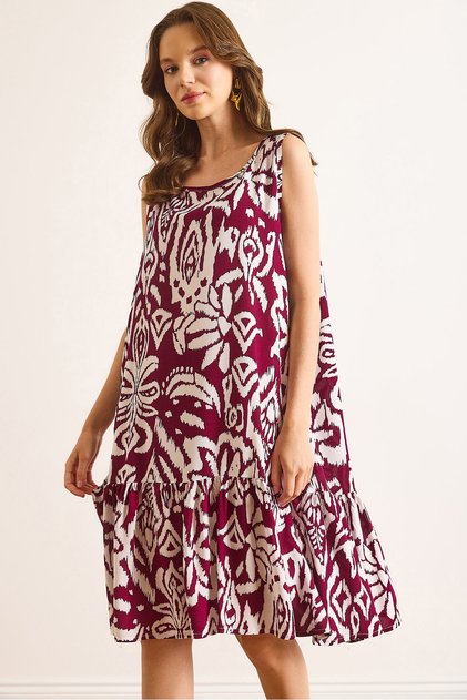 Women's Burgundy Skirt Flounced Woven Viscose Dress Elb-19002502