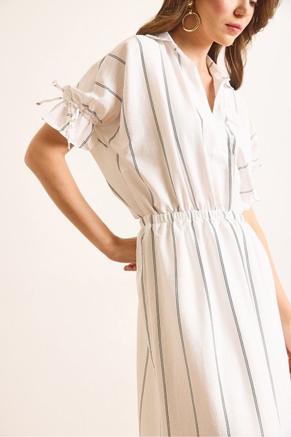 Women's White Polo Neck Elastic Waist Striped Lined Midi Flowy Dress Elb-19002511