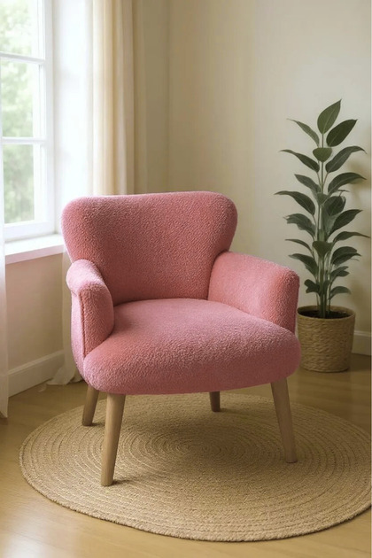 Modern Pudra Pembe Teddy Kumaş Rahat Berjer Tekli Koltuk – Yumuşak Dokulu, Ahşap Ayaklı