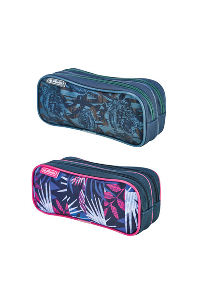 Penar dublu pentru adolescenți, poliester, 2 compartimente, model tigru camo și floare indigo, 21×9×6,5 cm