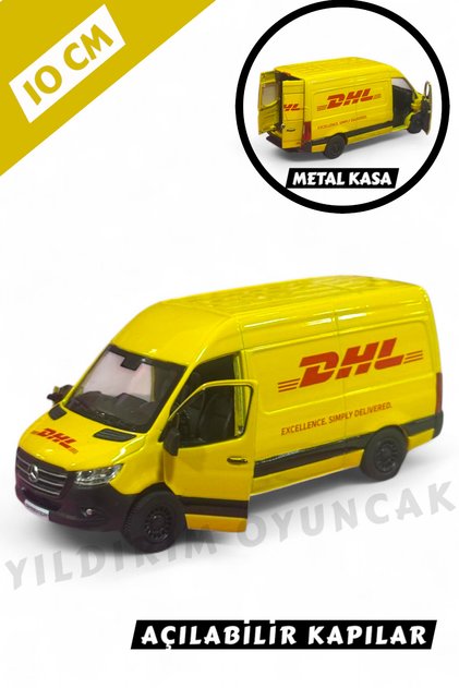 Pull Drop Diecast Model Car 10cm - Mercedes Sprinter Cargo Van Dhl with Metal Openable Door