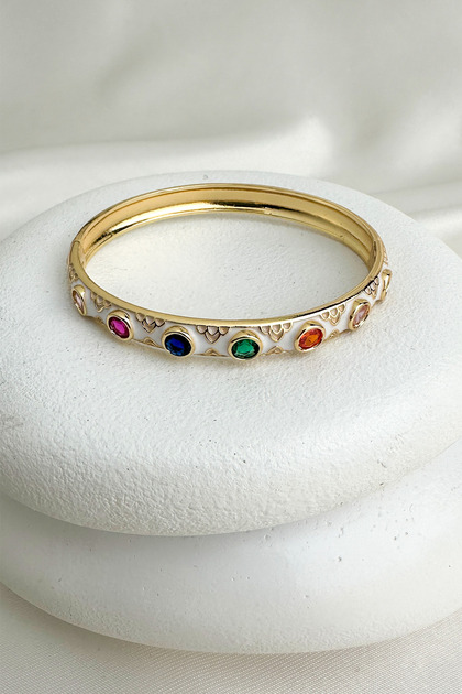 Gold Color Enamel Round Colored Stone Design Handcuff Bracelet (Diameter: 6cm)