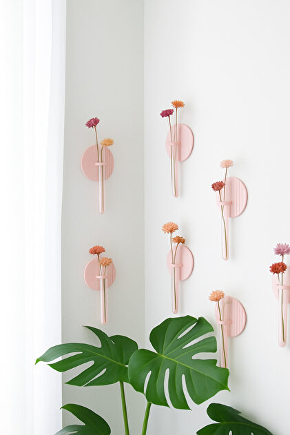 Dekoratif Bohem 3 Adet Duvar Çiçekliği Cam Tüplü (Pastel Pembe)