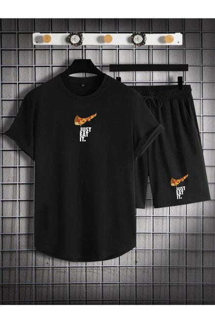 Men's Black 2-Piece Oval Suit T-Shirt & Shorts Combed Cotton Fabric Justeat Print