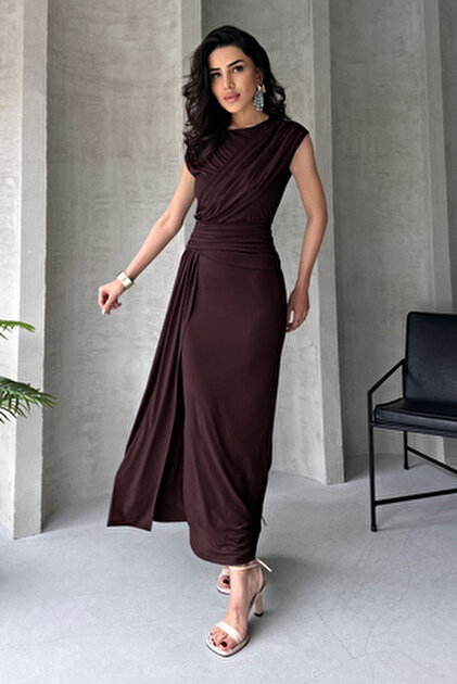 Trendyol Collection Burgundy Straight Stand Collar Woven Dress