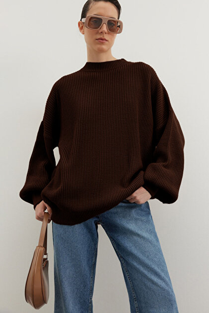 Trendyol Collection Pulover de tricotaj de bază maro Wide Fit