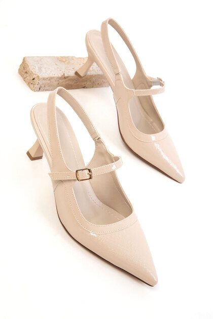 Beige Patent Leather Women's Classic Heeled Shoes 20799