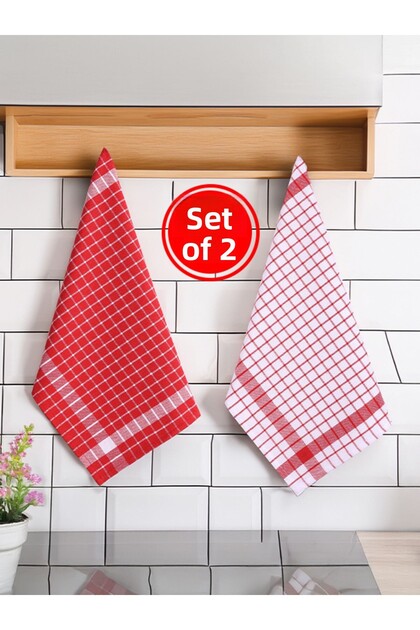 Checked 2-Piece Kitchen Drying Cloth Set 45x65cm Red/White