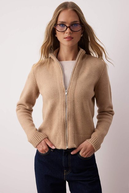 Mink Zipper Wool Blend Stand Collar Soft Textured Knitwear Cardigan Twoaw26Hi00027
