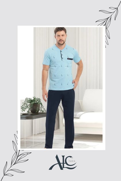 Men's Pajama Set Comfortably Stylish: 100% Cotton with Buttoned V-Neck - Short Sleeves