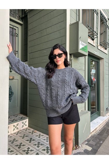 Women's Oversize Soft Anthracite Hair Braided Knitwear Sweater