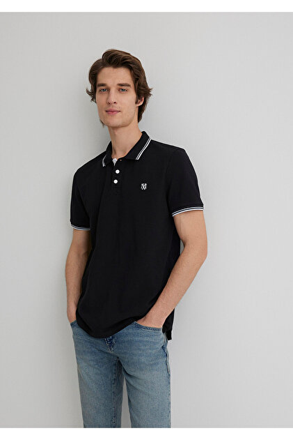 Mavi Yaka Detaylı Siyah Polo Tişört Slim Fit / Dar Kesim 064164