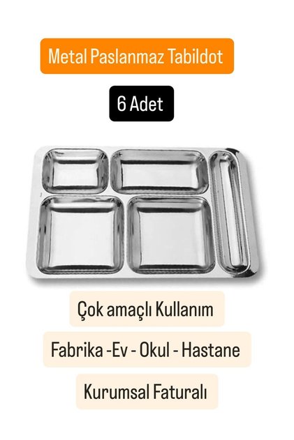 6 Adet Paslanmaz Metal Tabldot Çelik Tabildot Tabağı 5 Gözlü