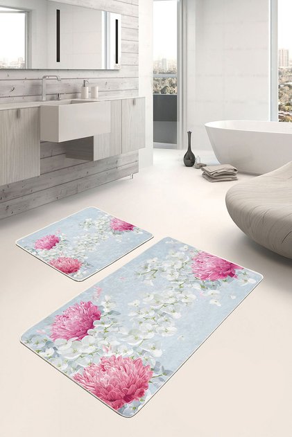 Pink Hydrangea and White Flower Patterned 2-Piece Non-Slip Base Washable Bath Mat Set