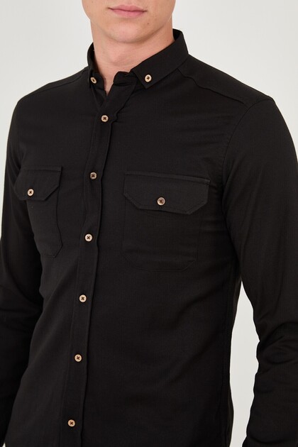 Double Pocket Black Collared Flexible and Textured Men's Shirt
