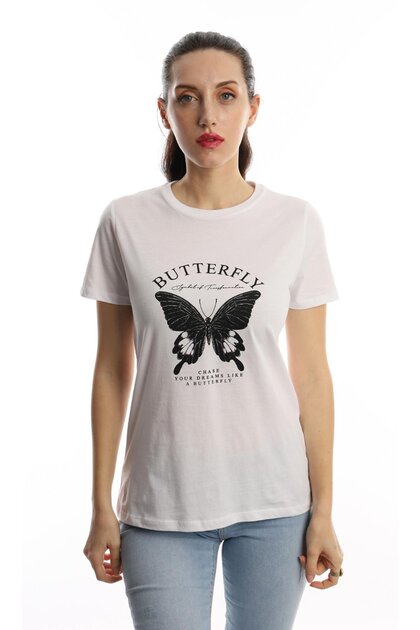 Women's Butterfly Printed Crew Neck Regular Fit T-Shirt White