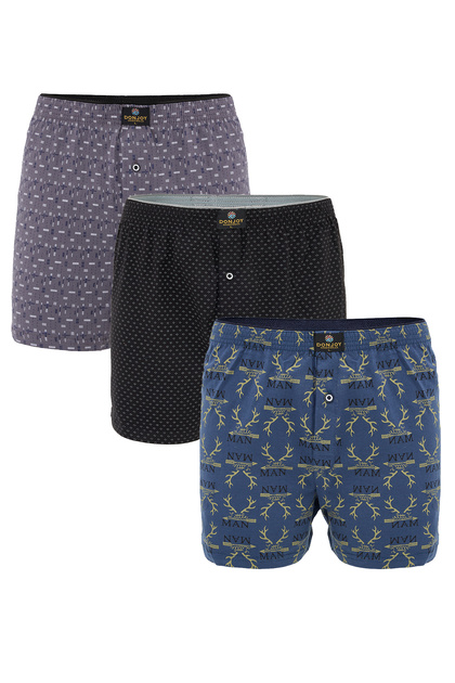 Men's 3-Piece Patterned Cotton Combed Long Buttoned Elastic Waist Boxer